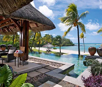 A thatched pavilion beside a pool and palm trees